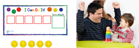 Chart with I can do it and empty spaces for smiley faces next to photo of father cheering on son playing with stacking toys